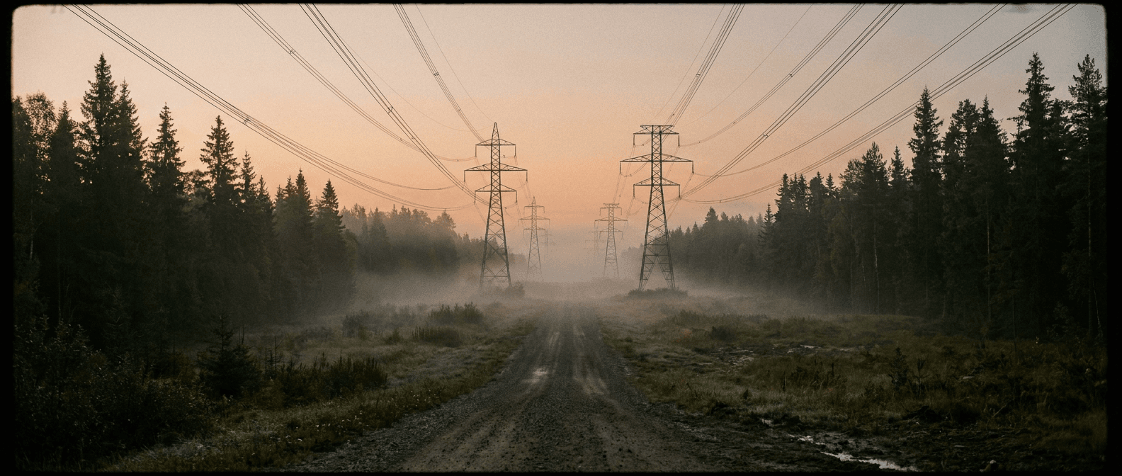 A transmission corridor cut through spruce forest at dawn, ground fog between the towers