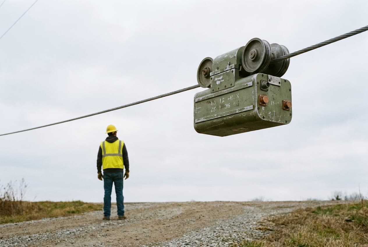 A lineworker on a gravel access road looking up at Scooter Bro riding the conductor overhead